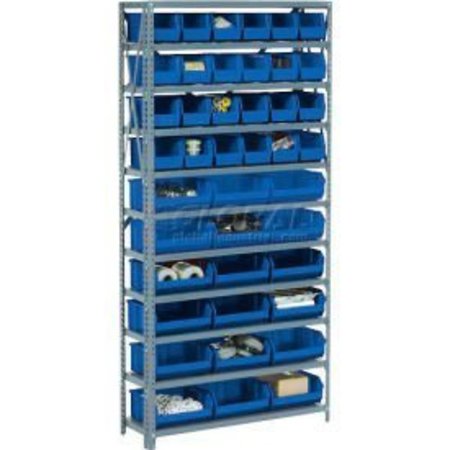 GLOBAL EQUIPMENT Steel Open Shelving - 21 Blue Plastic Stacking Bins 8 Shelves - 36 x18 x 73 506207BL